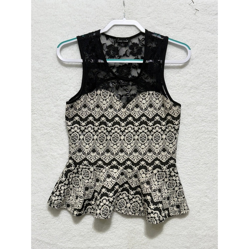 Cute Monde Peplum Tank‎ Top Black Lace Floral Damask Sleeveless Party Blouse